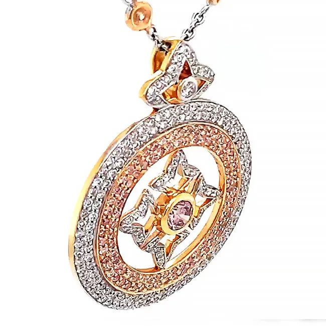 18 kt Rose gold & white gold necklace with natural pink diamond center GIA cert and pink and white diamonds