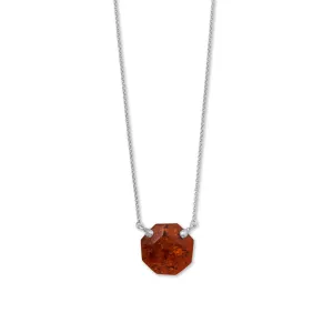 18"   2" Rhodium Plated Octagon Baltic Amber Necklace