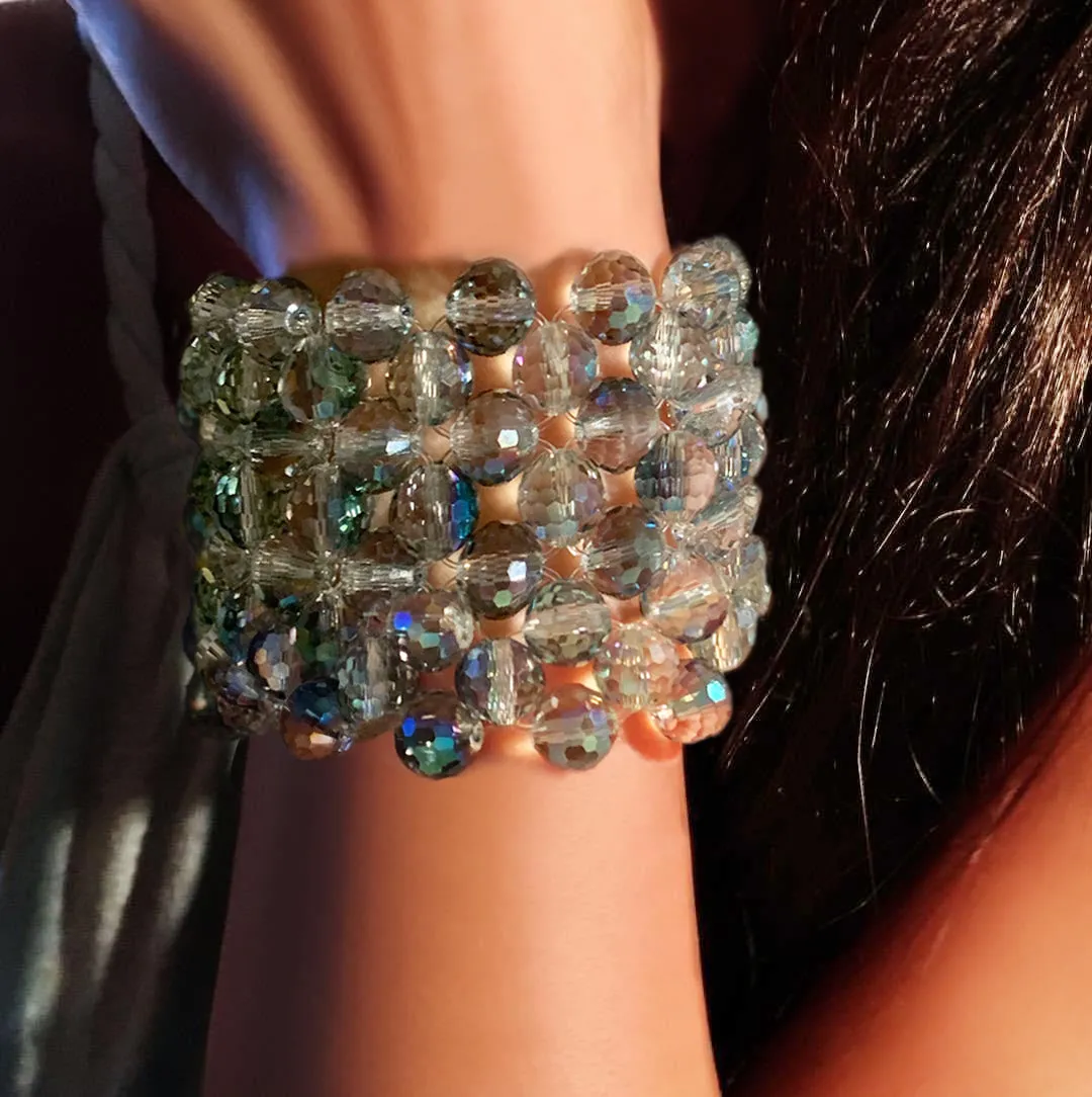 Aquamarine Crystal Cuff Bracelet 10 MM Beads on Stretch Cord