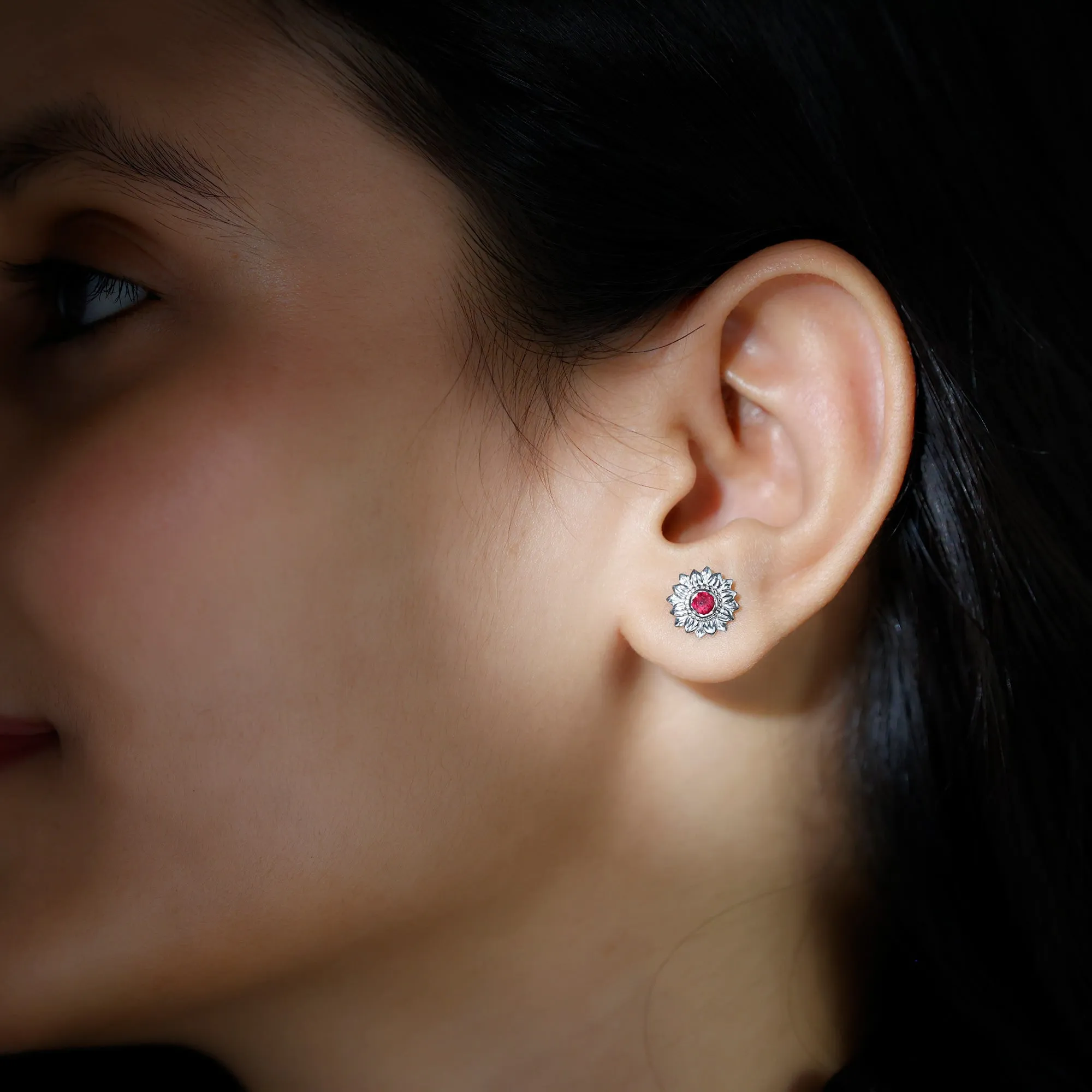 Bezel Set Real Ruby Flower Stud Earrings