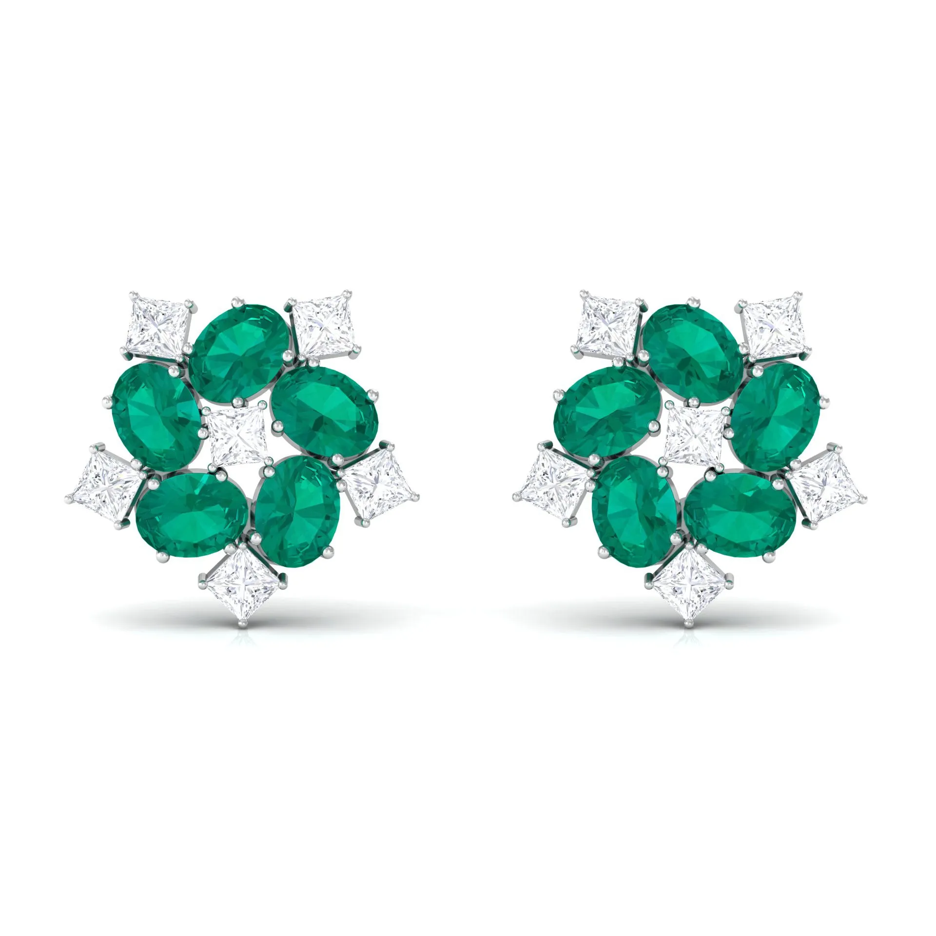 Cluster Stud Earrings with Emerald and Moissanite