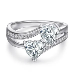 Colourful Two Heart Zircon Modern Split Shank Silver Ring for Women