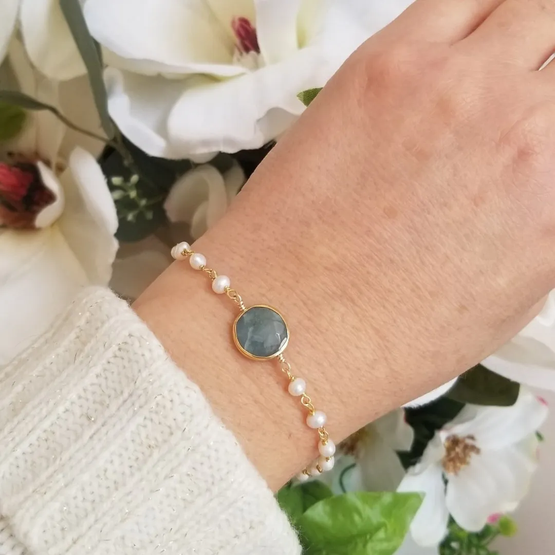 Dainty Freshwater Pearls and Aquamarine Bracelet for Moms, Mothers Day Gift