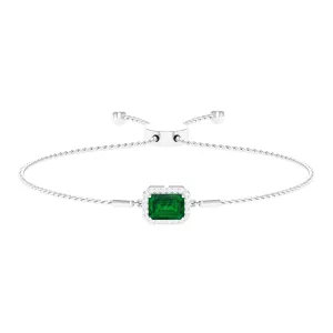 Emerald Cut Created Emerald Bolo Chain Bracelet With Diamond Halo