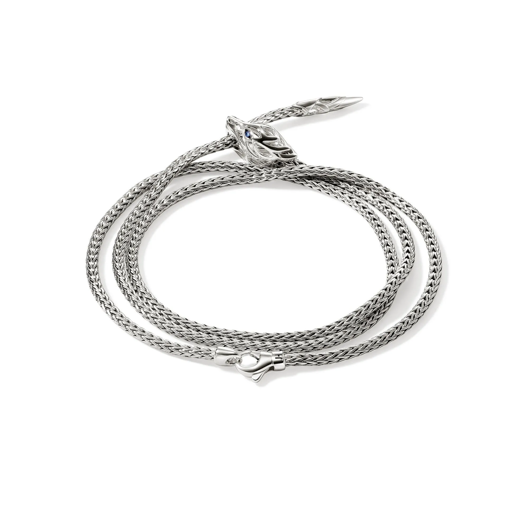 Naga Silver Triple Wrap 2.5mm Mini Chain Bracelet with Blue Sapphire Eyes, Size UM