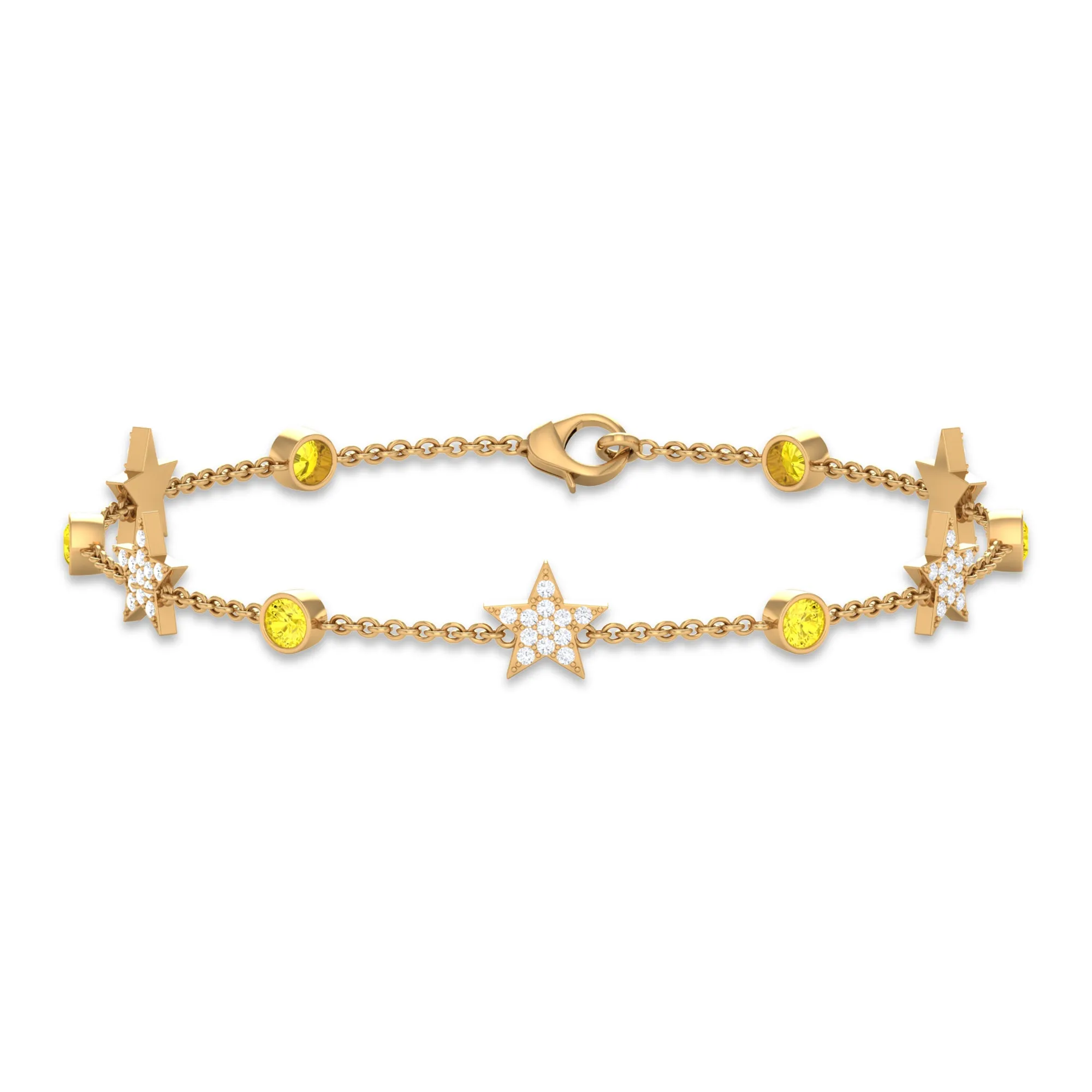 Round Yellow Sapphire and Diamond Star Station Chain Bracelet