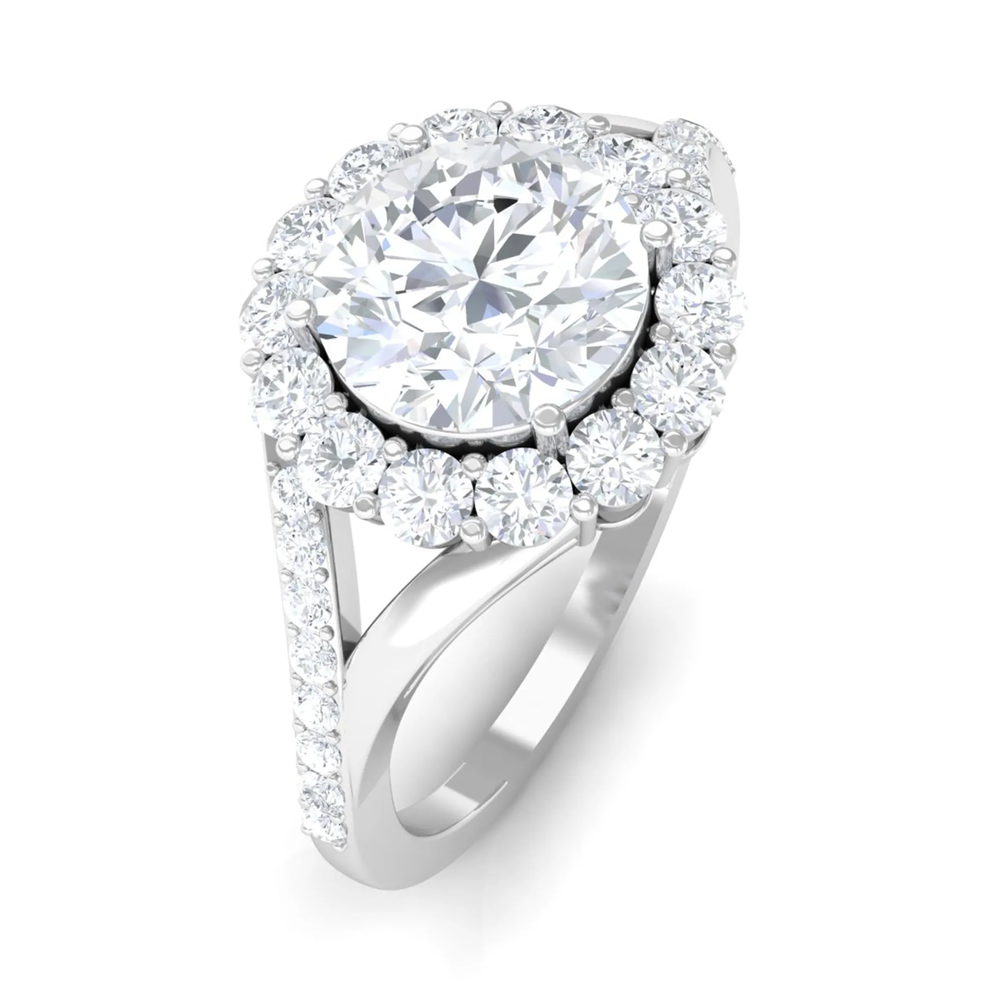 Round Zircon Halo Engagement Ring with Split Shank